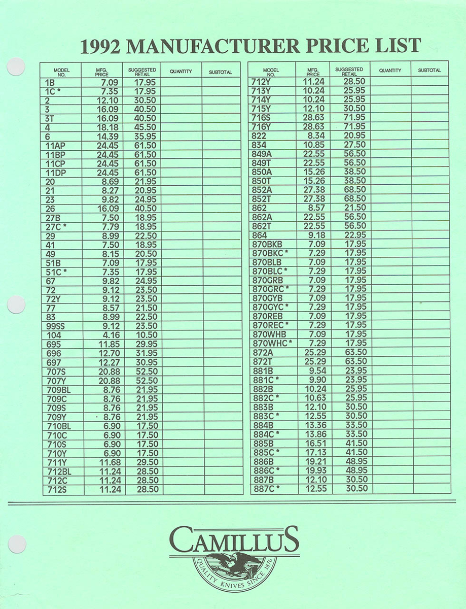 1992 pricelist (side 1)